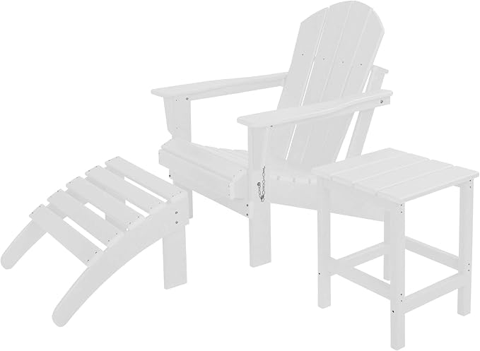WestinTrends Malibu Outdoor Lounge Chairs, 3-Pieces Adirondack Chair Set with Ottoman and Side Table, All Weather Poly Lumber Patio Lawn Folding Chair for Outside Pool Garden Backyard, White