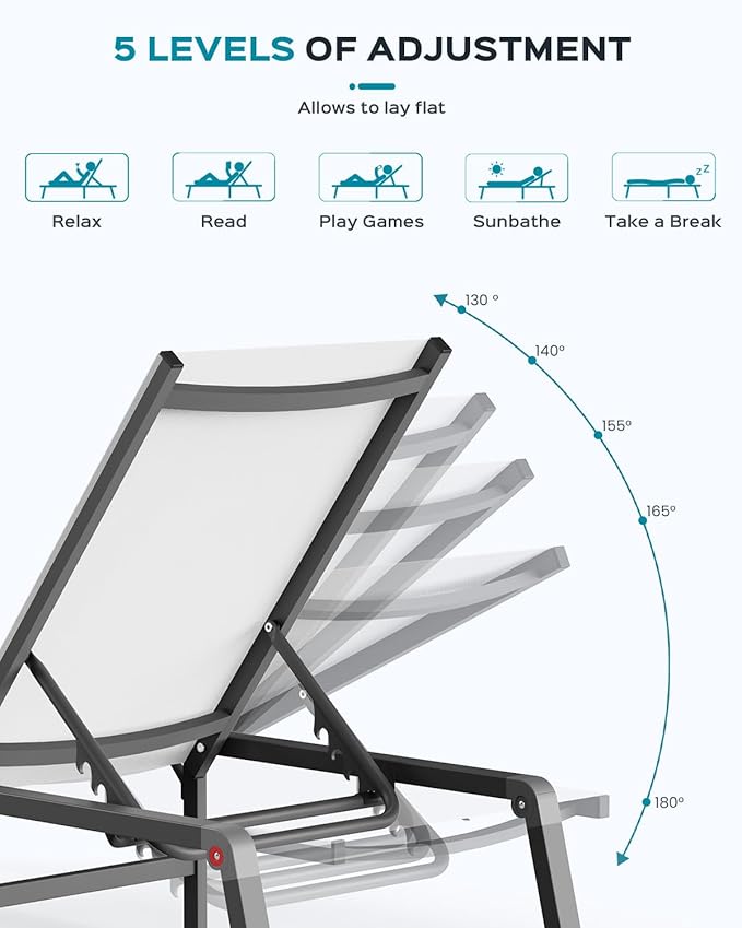 Patio Chaise Lounge Chair Set of 4, Foldable Lounge Chair for Outside, Aluminum Chairs with 5 Adjustable Backrest, Outdoor Pool Lounger for Patio, Lawn, Deck, White
