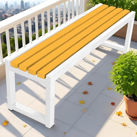 Garden Bench for Outdoors, Weatherproof Patio Bench Wooden Benches 2-Person Backyard Seat Backless Seat with Metal Frame for Park Backyard Entryway 3.3ft 3.9ft 4.9ft 5.9ft(Yellow White,5.9ft)