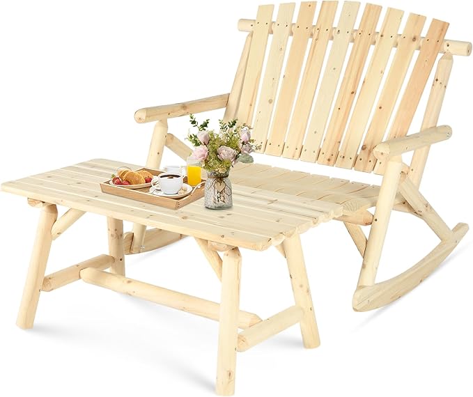 Patio Wooden Rocking Bench, Outdoor Conversation Sets with 2-Seater Adirondack Porch Rocker Loveseat and Coffee Table, Patio Rustic Log Rocker Bench for Deck, Backyard, Garden, Natural