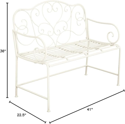 roomfitters Vintage Metal Garden Bench, Elegant Scrollwork Design, Weather-Resistant Outdoor Loveseat, Antique White