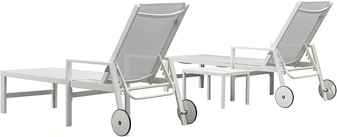 PURPLE LEAF Lounge Chair Outdoor Set 2 Pieces White Aluminum Chaise Lounge with Armrest and Wheels for Pool Deck Patio, Ivory