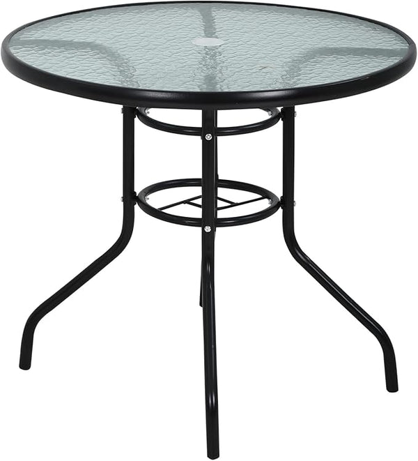 MKDLUFEI 32 Inch Round Outdoor Dining Table, Patio Table with Umbrella Hole, Tempered Glass Top, Black Steel Frame - Photo 1