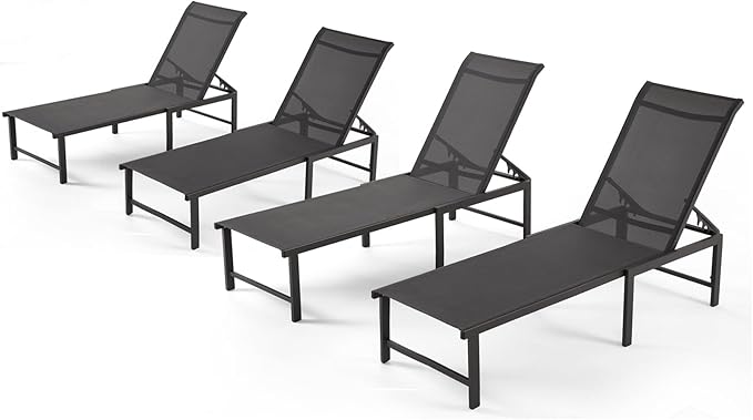 Lounge Chair Outdoor Set of 2, Foldable & Assembly Free Aluminum Chaise Lounge Chair with 5-Position Recliner, Pool Lounge Chairs for Outside Poolside Beach Lawn (Black)