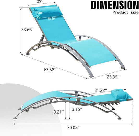 Domi Pool Lounge Chairs Set of 2, Adjustable Aluminum Outdoor Chaise Lounge Chairs, All Weather for Deck Lawn Poolside Backyard -Lake Blue Textilene