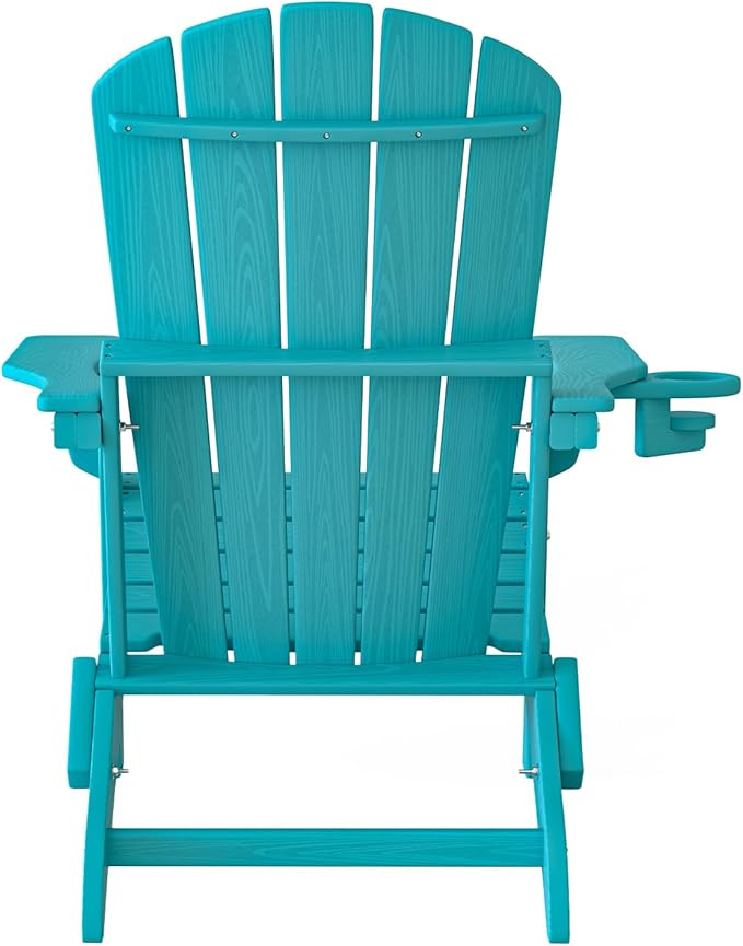 Plawdlik Folding Adirondack Chair Set of 6 with Cup Holder,Wooden Textured ,Heavy All-Weather HDPE Comfortable Set Poolside Backyard Lawn, Aruba Blue