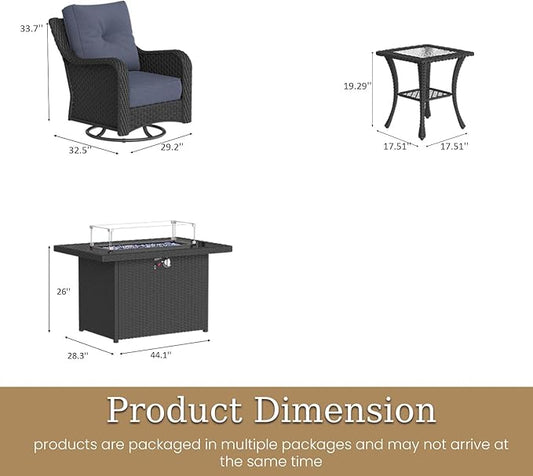 7 Piece Patio Furniture Set with Fire Pit Table, All-Weather Wicker Outdoor Conversation Set with Swivel Rocking Chair and 6 Inch Thick Cushions