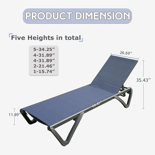 Domi Patio Lounge Chairs Set of 2, Aluminum Pool Chaise Lounge with 5 Position Adjustable Backrest and Wheels, Outdoor Lounge Chairs for Pool, Garden, Beach, Backyard, Navy Blue