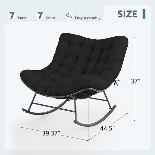 Cushioned Papasan Rocking Chair for Outdoor Indoor, Oversized Outdoor Rocking Chair with Cushion, Egg Rocker for Patio, Porch, Balcony, Lawn, Bedroom, Living Room, Black