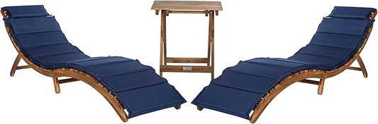 SAFAVIEH Outdoor Collection Pacifica Natural Brown Solid Wood/Navy Cushion 3-Piece Chaise Lounge Set with Table (PAT7020C)