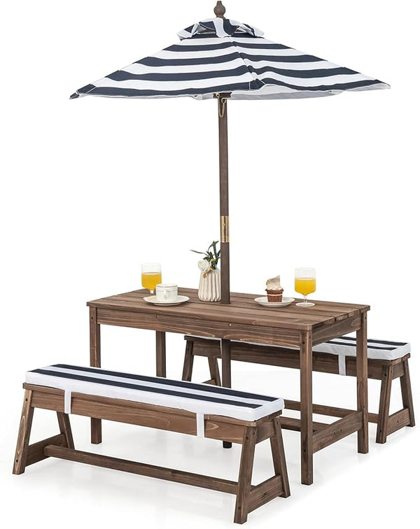 HONEY JOY Kids Picnic Table, Outdoor Wooden Table & Bench Set w/Removable Cushions and Umbrella, Stripe Fabric - Photo 1