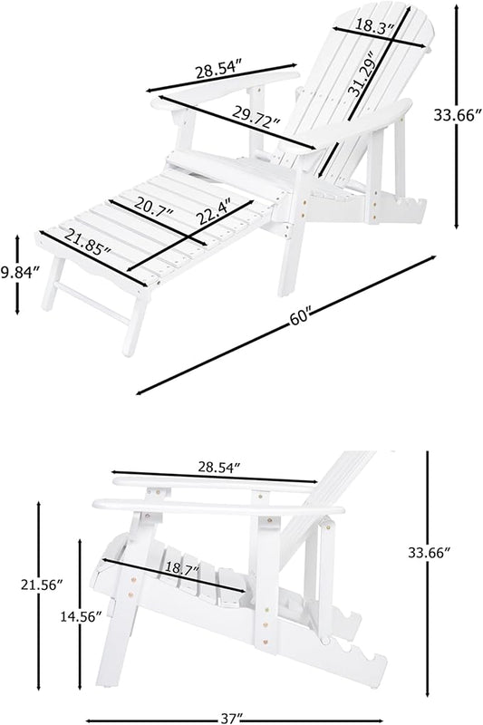 Merax Folding Adjustable Acacia Wood Adirondack Chairs, Water Proof with Retractable Ottoman Outdoor Wooden Lounge Reclining Chair for Garden, Patio, White