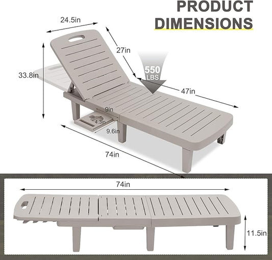 CDCASA Chaise Lounge Outdoor, Multi-Functional Pool Lounge Chairs w/5 Adjustable Positions & Side Tray, Waterproof Resin Lounges for Poolside,Yard,Garden,Sunbathing, for All Weather, Grey