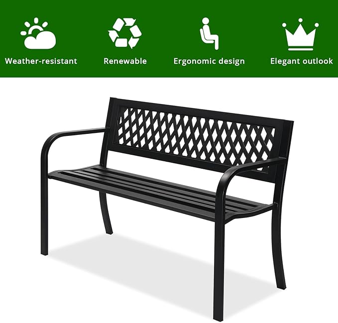 47" Outdoor Garden Bench Metal Patio Park Bench Elegant Porch Deck Loveseat with PVC Grid Pattern Backrest,Black