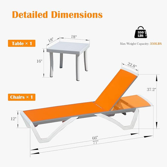 Domi Outdoor Lounge Chair, Aluminum Patio Chaise Lounge with 5 Position Adjustable Backrest and Wheels, All Weather Reclining Chair for Patio, Yard, Balcony, Poolside (Orange)