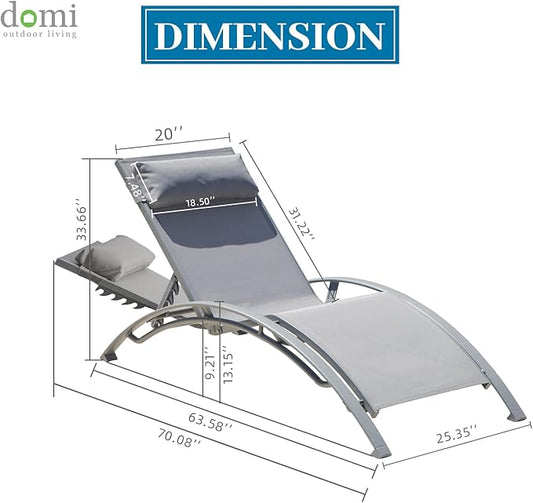 Domi Lounge Chair Set of 2, Aluminum Lounge Chairs for Outside with 5 Adjustable Positions, Chaise Lounge Outdoor for Pool, Garden, Beach, Camping, Backyard (Gray)