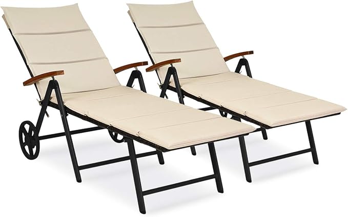 Tangkula Foldable Outdoor Chaise Lounger, Wicker Lounger Chair with Aluminum Black Frame, Wheels for Easy Moving, 7-Position Adjustable Cushioned Rattan Chaise for Poolside, Garden, Balcony and Patio