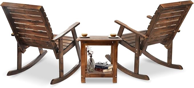 3 Piece Wood Rocking Chair with Table, Outdoor Bistro Set High Back Rocker Table Set, Wood Rocking Chair Set with Coffee Table Wooden Rocker for Deck, Garden, Backyard, Porch