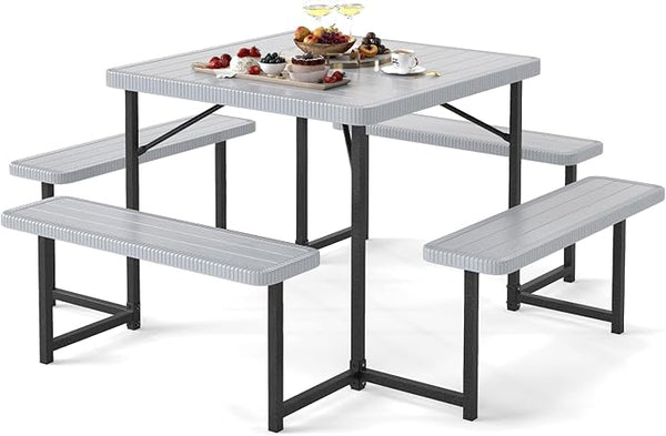 Giantex Picnic Table Bench Set for 4-8 People, 34" Outdoor Square Dining Table & 2 Benches w/Umbrella Hole - Photo 1