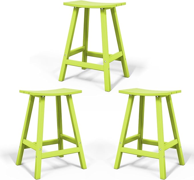 Costaelm All-Weather Bar Stools Set of 3, 24" Height Outdoor Bar Stools, Adirondack Poly Patio Bar Stool for Patio, Deck, Kitchen Counter and Garden, Lime