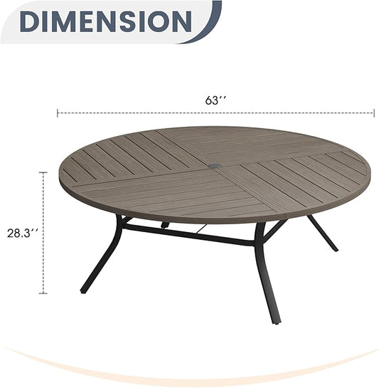 VICLLAX 63" Round Patio Dining Table for 8-10, All Weather Metal Outdoor Table with 1.57" Umbrella Hole and Surdy Frame for Garden Lawn Deck, Grey