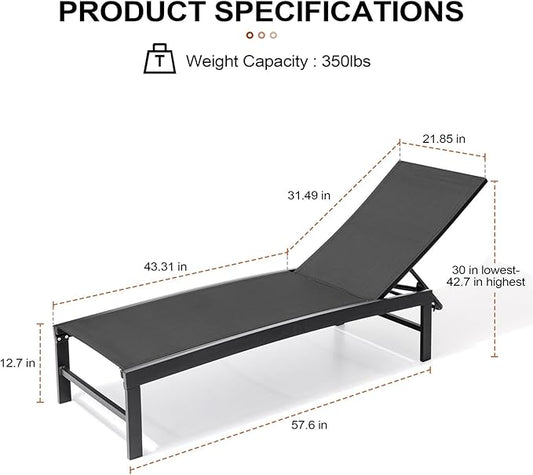 Crestlive Products Chaise Lounge Chair Outdoor Set of 2, Adjustable 5 Positions Pool Lounge Chairs, Metal Tanning Recliner, Outdoor Furniture All Weather for Patio, Beach, Yard, Pool