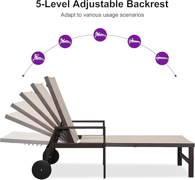 PURPLE LEAF Outdoor Chaise Lounge Chair Set of 2 with Armrests, Aluminum Patio Loungers with Wheels and Adjustable Backrest, Includes Side Table for Deck, Outside, Lawn, Garden, Cream