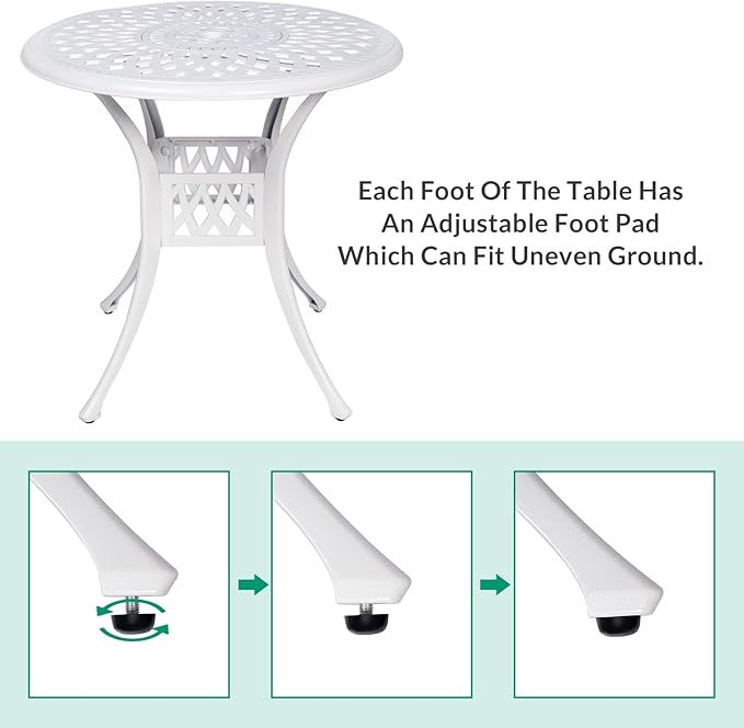 VIVIJASON 31" Patio Bistro Table Outdoor Dining Round Table White Cast Aluminum Table with Umbrella Hole