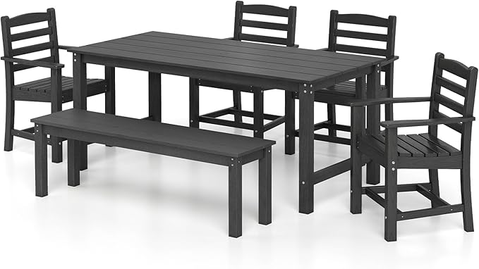 Tangkula 6 Pieces Patio Dining Bench Set, Outdoor HDPE Weather Resistant Table and Chairs Set with 1.77” Umbrella Hole and Wood-Like Surface, Outside Furniture Set for Garden, Backyard (Black, 6 Pcs)