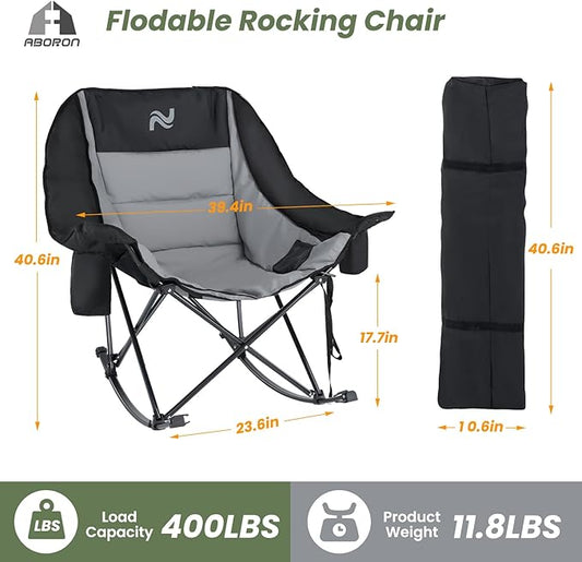 ABORON Oversized Rocking Camping Chair for Adults, Fully Padded Folding Outdoor Lawn Chair with Cooler Bag & Side Pocket, Portable Recliner Chair for Camp, Patio, Backyard, Supports 400 lbs