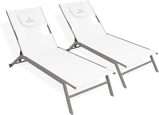 Ostrich Chatham 2 Pieces Patio Chaise Lounges, Patio Lounge Chairs,Facedown Tanning Chair, Patio Chairs, 5-Position Recliner Adjustable Sunbathing Lounge Chair for Patio,Yard, Pool, White & Tan