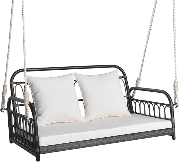 HAPPYGRILL 2-Person Patio Wicker Swing Chair, Hanging Outdoor Swing Bench with Removable Cushions, 880 LBS Weight Capacity, Outdoor Front Porch Swing for Garden Poolside Backyard
