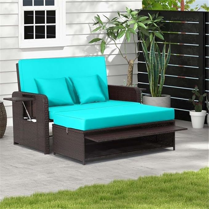 Pemberly Row Contemporary Outdoor Patio Rattan Daybed Lounge, Turquoise Cushions, PE Rattan and Metal Frame, Adjustable Backrest, Retractable Side Trays, Cozy Garden or Patio Double Chaise Lounge
