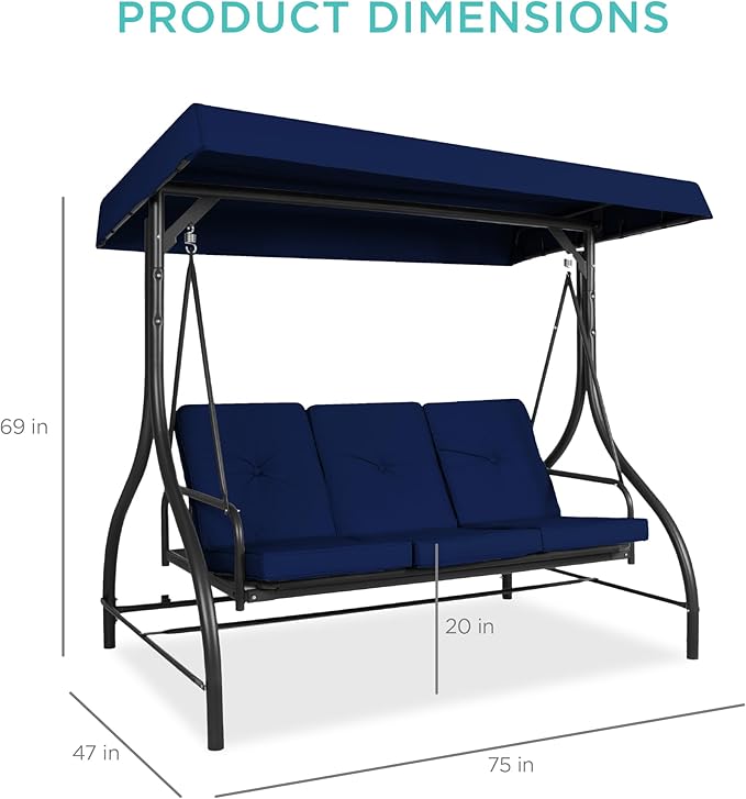 Best Choice Products 3-Seat Outdoor Large Converting Canopy Swing Glider, Patio Hammock Lounge Chair for Porch, Backyard w/Flatbed, Adjustable Shade, Removable Cushions - Navy
