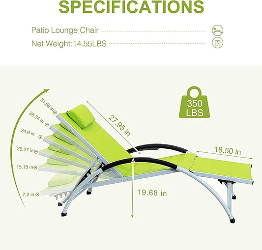 Sundale Outdoor Adjustable Patio Chaise Lounge Set of 4, 6 Position Lounge Chair, All Weather Outdoor/Indoor Lounge for Reading, Meditation, Sleeping, Exercising, Green