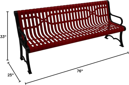 COATEDOUTDOORFURNITURE Heavy-Duty Outdoor Bench Thermoplastic Coated, Slated Steel, Commercial-Grade Garden Bench, Made in America (Portable with Back, 6 Ft, Textured Burgundy)