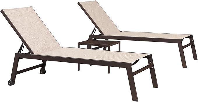 PURPLE LEAF Larger Patio Lounge Chairs Set of 3, Reclining Pool Lounge Chairs with Side Table and Wheels for All Weather for Outdoor, Deck, Aluminum Outside Pool, Beige