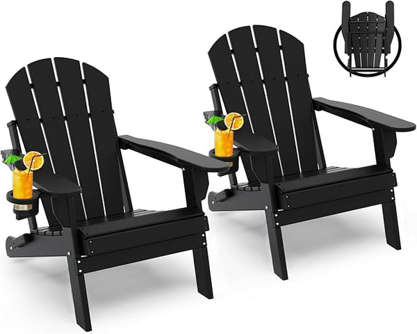 GREENVINES Folding-Adirondack-Chairs-Set-of-2 | HDPE Plastic | Fire Pit Chair | All Weather | Cup Holder | Black - Photo 1