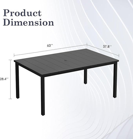Outdoor Dining Table for 6, 63" Rectangle Outdoor Table with Adjustable Umbrella Hole, All-Weather Metal Patio Dining Table for Lawn Garden Backyard Deck, Black