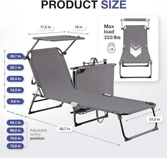 Folding Outdoor Lounge Chair Set of 2 with Adjustable Shade Canopy, Portable Sun Tanning Chairs, Gray (1, Grey)