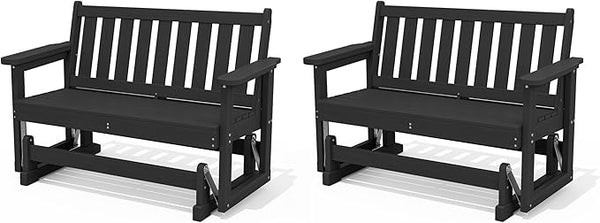 SERWALL Outdoor Glider Bench Set of 2, HDPE Weather-Resistant Swinging Bench for Backyard Garden Porch, Black - Photo 1