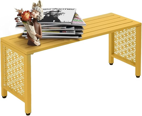 VINGLI 40in Outdoor Metal Bench, All-Weathe Backless Patio Bench with Slatted Seat&Floral Side Panels, Rust-Resistant Garden Bench, Weatherproof Outdoor Seating for Porch Entryway Backyard (Yellow)