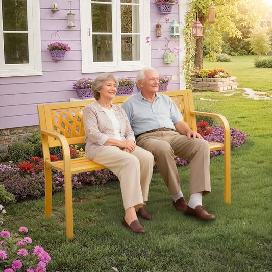 Patio Outdoor Park Loveseat Bench for Garden Porch Deck Made Cast Iron Anti-Rust Aluminum Metal, 2-3 Seater Aluminium Steel (Yellow Mesh)