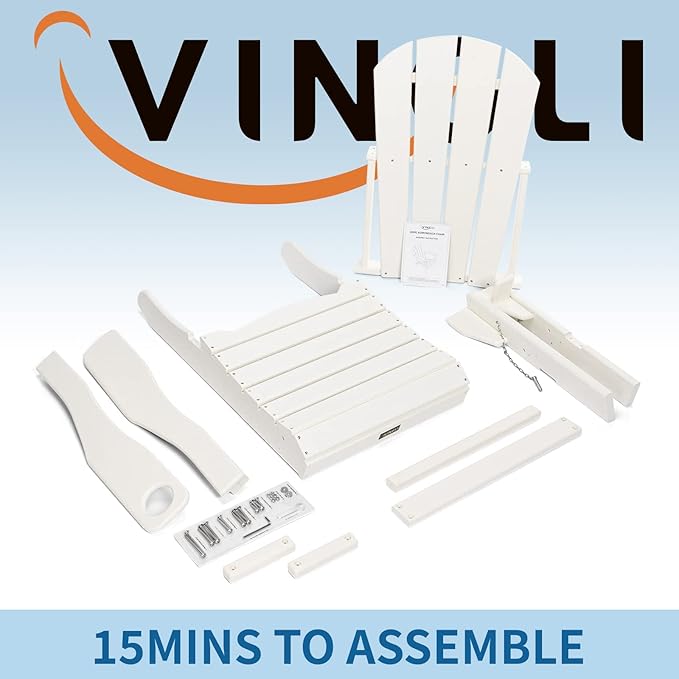 VINGLI Plastic Adirondack Chairs Set of 2, Folding with Cup Holder, Waterproof HDPE Material, Comfortable 380lb Weight Capacity for Outdoor Pool Patio Lounge Chair Lawn Furniture Firepit (White)