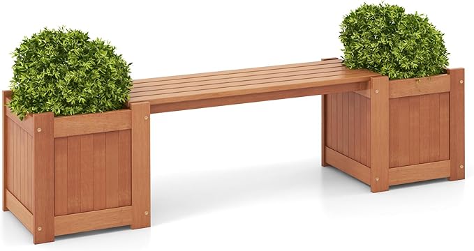 Moccha Wood Garden Bench with Planter Boxes, Raised Garden Bed with Open-Ended Base, Teak Oil Finish, Patio Planter Box Bench, Outdoor Plant Container for Garden, Yard, Lawn, Balcony, DIY Assembly