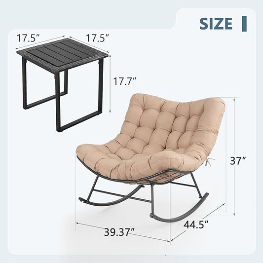 Outdoor Rocking Chairs Set of 2 with Wicker Side Table, Thick Cushioned Papasan Rocking Chairs with End Table, 3PCS Oversized Egg Chair Set for Patio, Porch, Balcony, Bedroom, Living Room, Beige