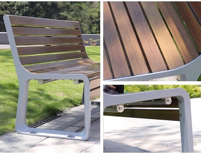 LITFAD Outdoor Bench Modern Park Bench with Corrosion Resistant Metal Frame, Dark Brown Wooden Seating with Backrest, Garden Bench for Patio, Lawn, Yard, Porch - Type F, 71" L x 23.5" W x 31" H