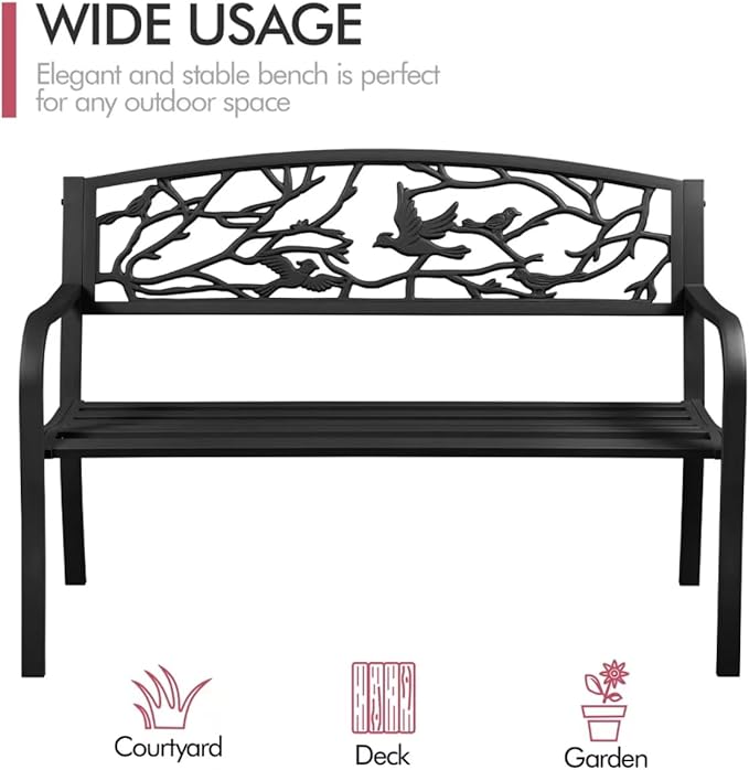 Patio Outdoor Park Loveseat Bench for Garden Porch Deck Made Cast Iron Anti-Rust Aluminum Metal, 2-3 Seater Aluminium Steel (Bird Pattern 50")