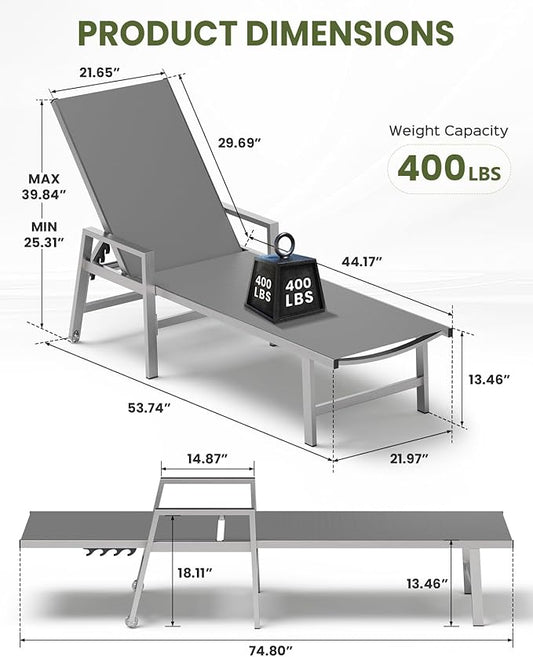 Patio Chaise Lounge Chair Outdoor with Wheels&Armrests, Aluminum Pool Lounge Chairs Five-Position Adjustable Recliner with Side Table, Outdoor Beach Lounge Chairs for Poolside, Deck, Garden, Dark Gray