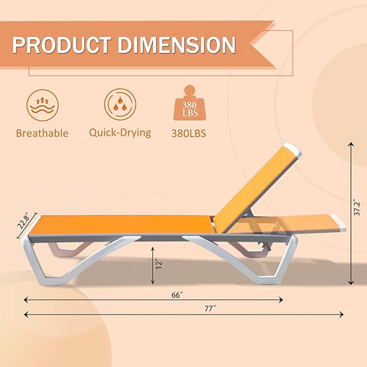 Domi Outdoor Lounge Chairs Set of 4, Aluminum Lounge Chairs for Outside with 5 Position Adjustable Backrest, Outdoor Chaise Lounge for Beach, Yard, Balcony, Poolside, Orange